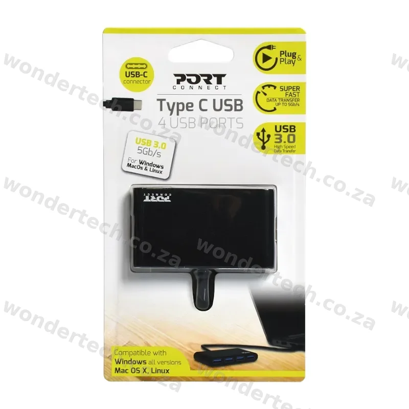 Port USB Type-C to 4 x USB3.0 5Gbps 30cm 4 Port Hub - Black
