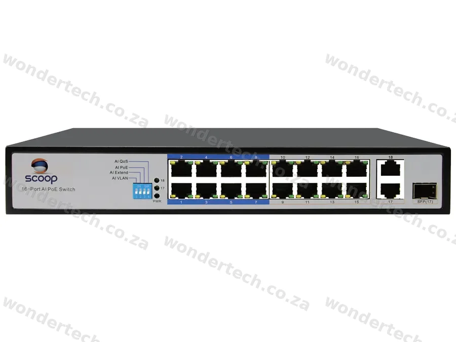 Scoop 16 Port Fast Ethernet PoE 150W 2 Gigabit 1SFP Switch